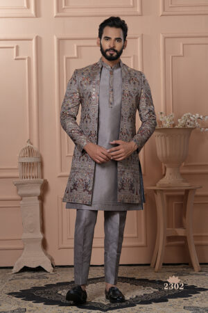 Men’s silver-grey brocade Indo-Western with multicolor embroidery and sequins.