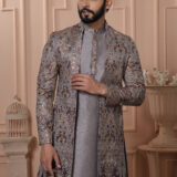 Men’s silver-grey brocade Indo-Western with multicolor embroidery and sequins.