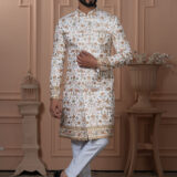 Men’s ivory Navabi with golden brocade floral embroidery.