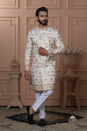 Men’s ivory Navabi with golden brocade floral embroidery.