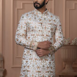 Men’s ivory Navabi with golden brocade floral embroidery.