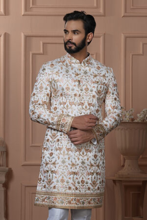 Men’s ivory Navabi with golden brocade floral embroidery.