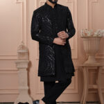 Men’s black Indo-Western with sequined abstract embroidery.
