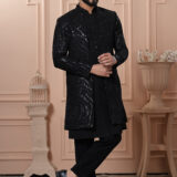 Men’s black Indo-Western with sequined abstract embroidery.