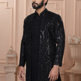Men’s black Indo-Western with sequined abstract embroidery.