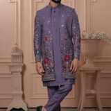Men’s lavender Indo-Western with multicolor floral embroidery and detailed borders.