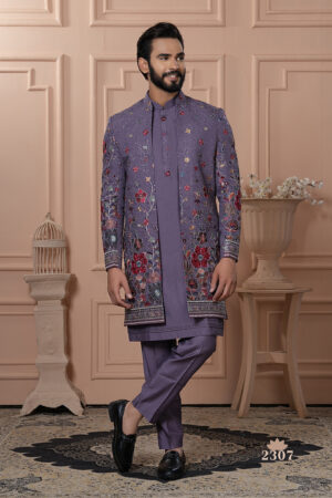 Men’s lavender Indo-Western with multicolor floral embroidery and detailed borders.
