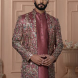 Men’s maroon Indo-Western with intricate multicolor embroidery on silk base.