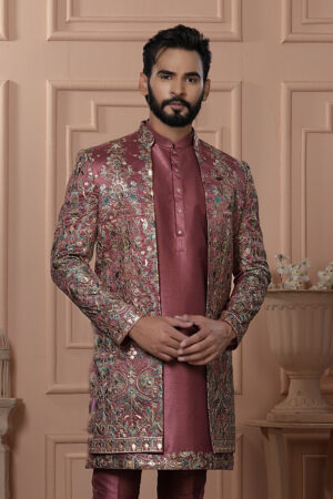 Men’s maroon Indo-Western with intricate multicolor embroidery on silk base.
