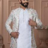 Men’s ivory white Indo-Western outfit with pastel floral embroidered jacket.