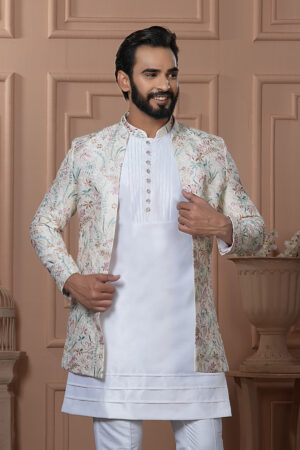 Men’s ivory white Indo-Western outfit with pastel floral embroidered jacket.