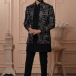 Men’s black Indo-Western outfit with a multi-colored geometric embroidered jacket.