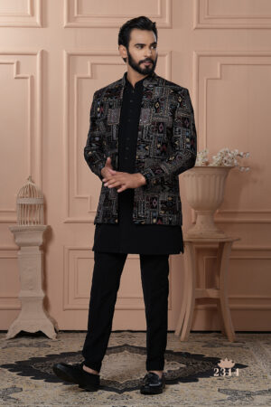 Men’s black Indo-Western outfit with a multi-colored geometric embroidered jacket.