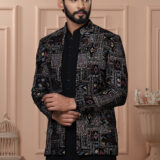 Men’s black Indo-Western outfit with multi-colored geometric embroidered jacket.