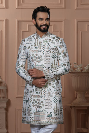 Men’s ivory Navabi with nature-inspired motifs of trees, deer, and birds in green and gold embroidery.