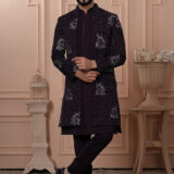 Men’s deep plum open Indo-Western outfit with embroidered jacket and matching kurta-pants.