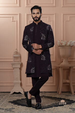 Men’s deep plum open Indo-Western outfit with embroidered jacket and matching kurta-pants.