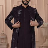 Men’s deep plum open Indo-Western outfit with embroidered jacket and matching kurta-pants.