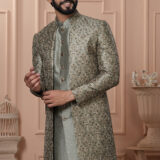 Men’s pastel green Indo-Western with embroidered jacket, matching kurta, and pants.