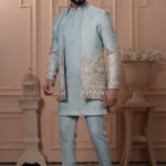 Men’s powder blue Indo-Western with embroidered jacket, kurta, and pants.