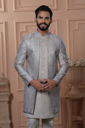 Men’s silver-grey Indo-Western with embroidered jacket, paired with matching kurta and trousers.