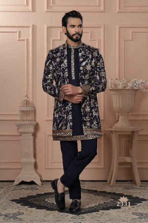 Men’s black Indo-Western outfit with heritage-style embroidery of elephants, deer, and floral motifs.