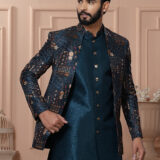 Men’s teal blue Indo-Western outfit with embroidered jacket and matching kurta set.
