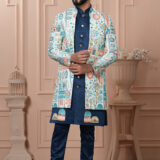 Men’s ivory Indo-Western jacket with multicolor geometric prints paired with a royal blue kurta set.