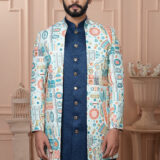 Men’s ivory Indo-Western jacket with multicolor geometric prints paired with a royal blue kurta set.