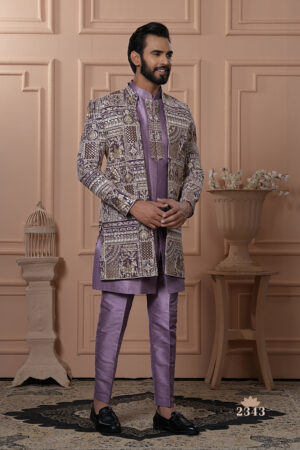 Man wearing a lavender Indo-Western outfit with intricately embroidered long jacket.