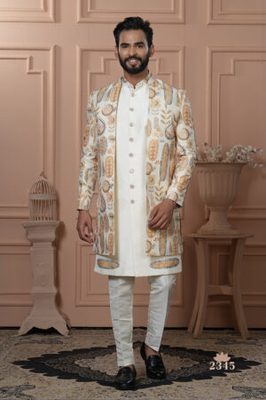 Man wearing cream Indo-Western outfit with pastel embroidered long jacket.