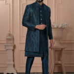 Man wearing teal Indo-Western outfit with a textured embroidered long jacket.