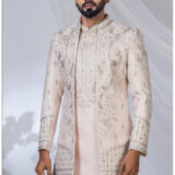 Pastel pink Indo-Western suit with silver embroidery and mandarin collar for men.