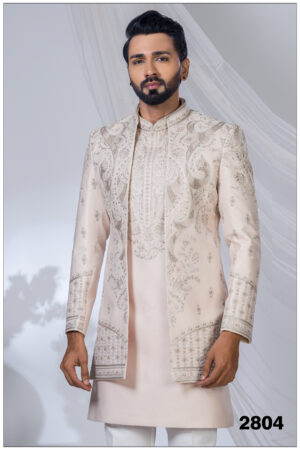 Pastel pink Indo-Western suit with silver embroidery and mandarin collar for men.