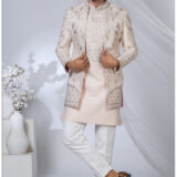Pastel pink Indo-Western suit with silver embroidery and mandarin collar for men.