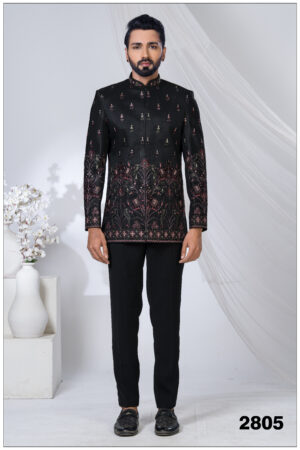 Black Jodhpuri suit with multicolor embroidery featuring peacock and elephant motifs.