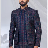 Navy blue Indo-Western suit with multicolor traditional motifs and prints.