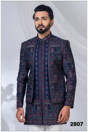 Navy blue Indo-Western suit with multicolor traditional motifs and prints.