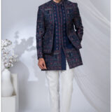 Navy blue Indo-Western suit with multicolor traditional motifs and prints.