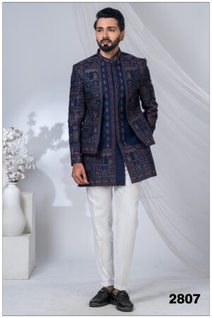 Navy blue Indo-Western suit with multicolor traditional motifs and prints.