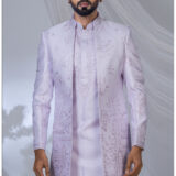 Lavender Indo-Western suit with intricate embroidery of floral and heritage motifs.