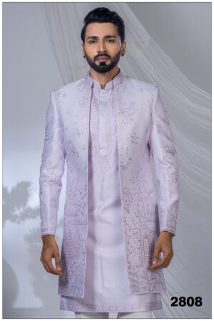 Lavender Indo-Western suit with intricate embroidery of floral and heritage motifs.