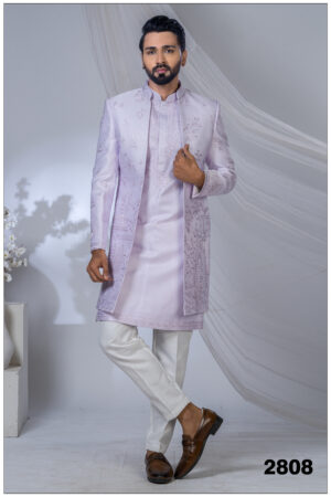 Lavender Indo-Western suit with intricate embroidery of floral and heritage motifs.