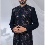 Black Navabi suit with multicolored floral embroidery and mandarin collar.