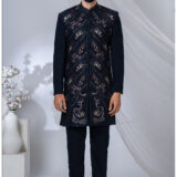 Black Navabi suit with multicolored floral embroidery and mandarin collar.