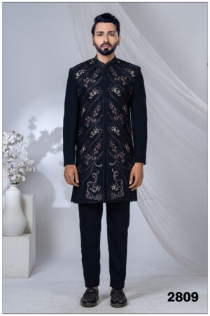 Black Navabi suit with multicolored floral embroidery and mandarin collar.