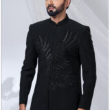 Black Jodhpuri with embroidered eagle motif in tonal black threadwork.