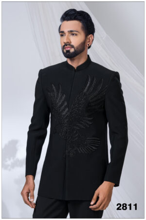 Black Jodhpuri with embroidered eagle motif in tonal black threadwork.