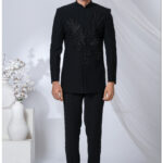 Black Jodhpuri with embroidered eagle motif in tonal black threadwork.