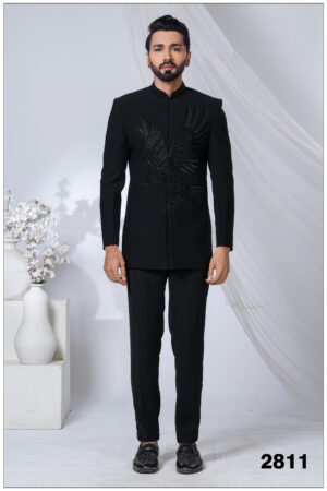Black Jodhpuri with embroidered eagle motif in tonal black threadwork.